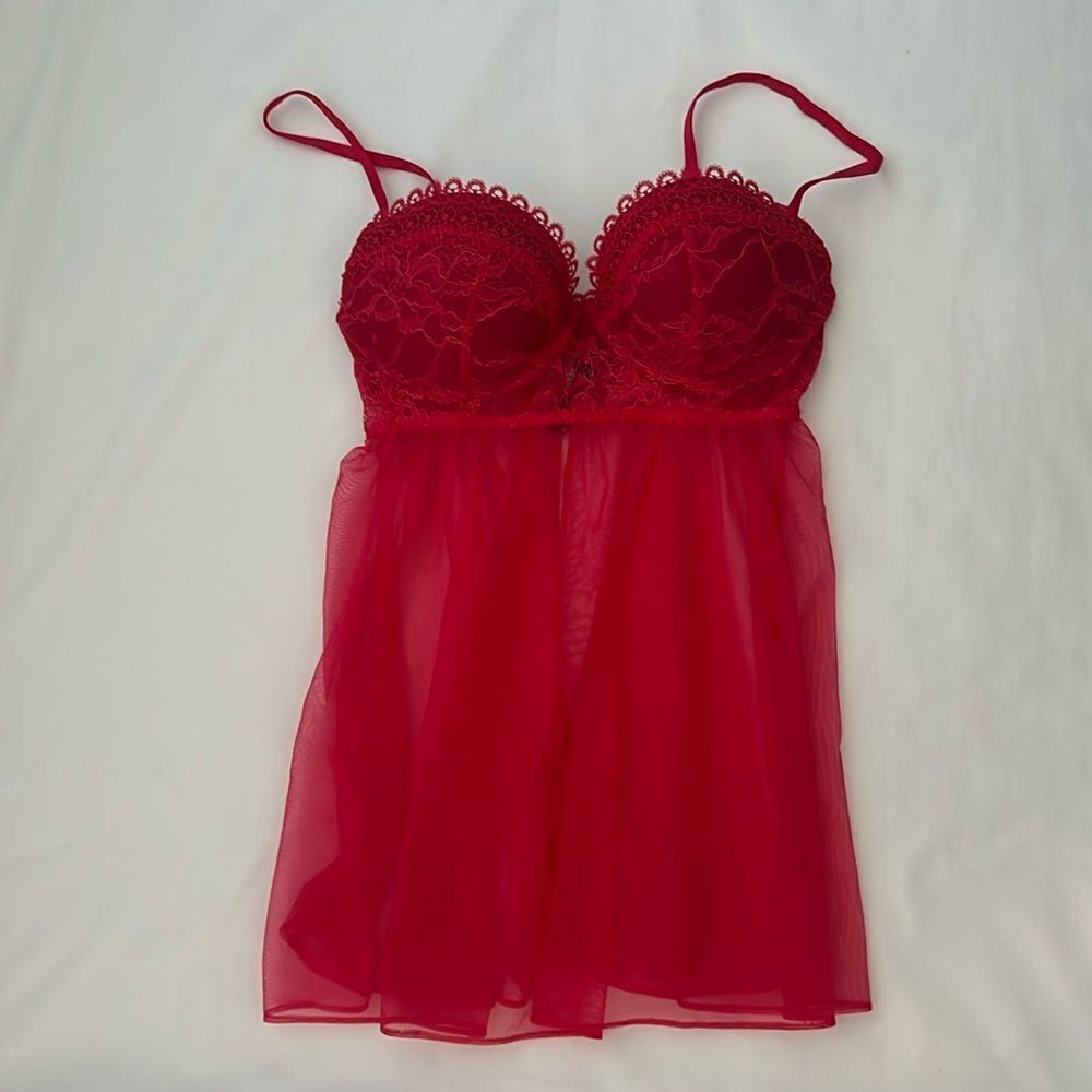 Victorias Secret Floral Lace Babydoll Slip Dress 34C Red Sheer Romantic Coquette